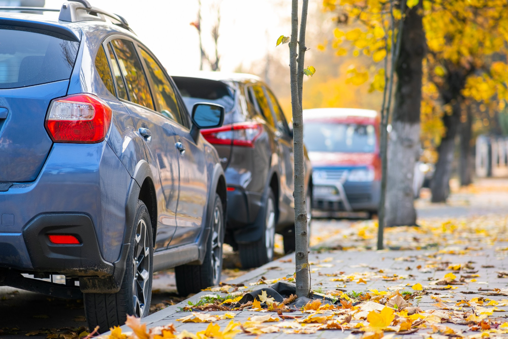 cars parked row city street side bright autumn day