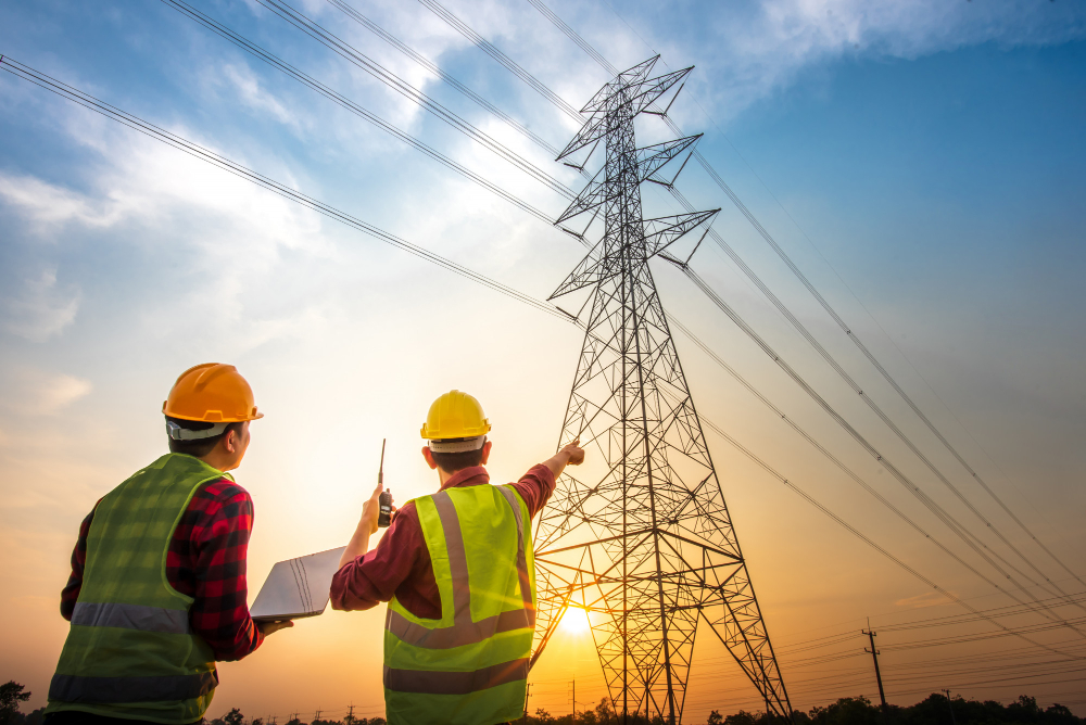 picture two electrical engineers checking electrical work using computer standing power station see planning work high voltage electrodes