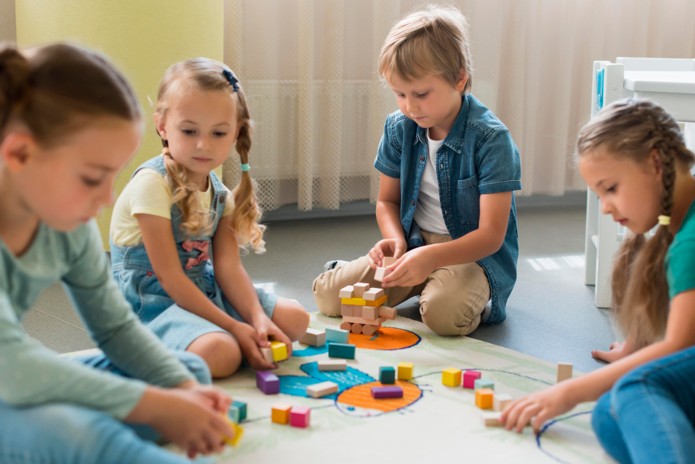 front view children playing together kindergarten